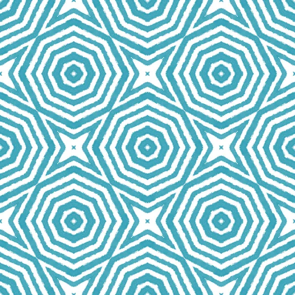 Ethnic hand painted pattern. Turquoise symmetrical kaleidoscope background. Textile ready elegant print, swimwear fabric, wallpaper, wrapping. Summer dress ethnic hand painted tile.
