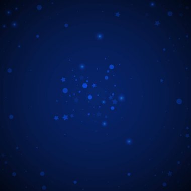 Sihirli yıldızlar rastgele Noel arkaplanı. İnce uçan kar taneleri ve koyu mavi gece arka planındaki yıldızlar. Gerçek kış gümüşü kar tanesi şablonu örtüyor. Büyüleyici vektör illüstrasyonu.