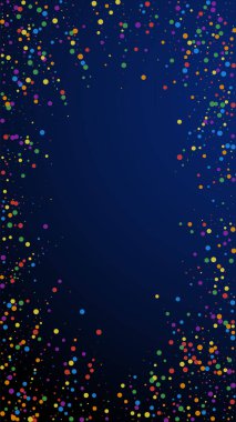 Kusursuz bir ziyafet konfetisi. Kutlama yıldızları. Koyu mavi arka planda renkli konfeti. Şablon şablonu getiriliyor. Dikey vektör arkaplanı.