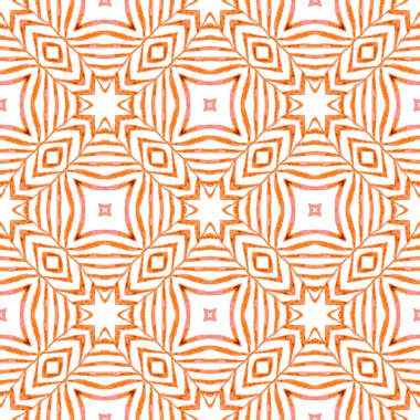 Sembol suluboya deseni. Turuncu göz kamaştırıcı boho şık yaz tasarımı. Tekstil hazır zarif baskı, mayo kumaş, duvar kağıdı, ambalaj. Yeşil geometrik sembolü suluboya kenarı.