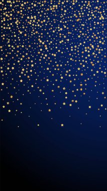 Altın yıldızlı, ışıl ışıl konfeti. Koyu mavi arka planda dağılmış küçük altın parçacıkları. Enerjik şablon şablonu. Güzel vektör arkaplanı.
