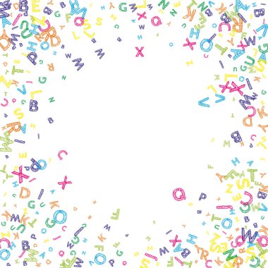İngilizce 'nin harfleri düşüyor. Latin alfabesinin renkli, dağınık, uçan kelimeleri. Yabancı diller öğrenim kavramı. Beyaz arkaplandaki okul afişine zarif bir dönüş..