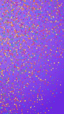 Şenlikli, büyüleyici konfeti. Kutlama yıldızları. Gökkuşağı parlak yıldızları menekşe arka planda. Büyük şablon şablonu. Dikey vektör arkaplanı.