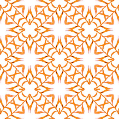 Tekstil hazır eğlenceli baskı, mayo kumaş, duvar kağıdı, ambalaj. Portakal rengi güzel boho şık yaz tasarımı. Elle boyanmış suluboya kenar. Döşemeli suluboya arkaplan.