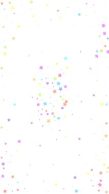 Şenlikli, zarif konfeti. Kutlama yıldızları. Beyaz arka planda rastgele seçilmiş renkli yıldızlar. Kusursuz şablon şablonu. Dikey vektör arkaplanı.