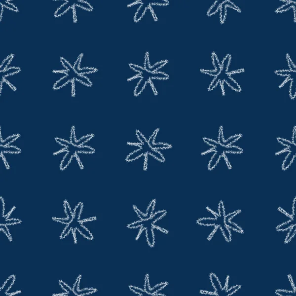 手描きの白い雪片クリスマスシームレスパターン 青い背景に小さな空飛ぶ雪のフレーク 対称チョーク手書き雪のオーバーレイ 華やかなイラスト — ストック写真