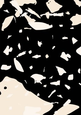 Terrazzo modern soyut şablon. Klasik İtalyan döşemesinin siyah ve beyaz dokusu. Taşlardan, granitten, kuvarstan, mermerden, betondan yapılmış arka plan. Venedik terrazzo trend vektör arkaplanı