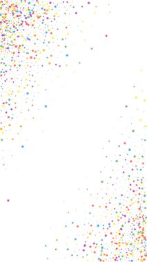 Şenlikli büyüleyici konfeti. Kutlama yıldızları. Beyaz arka planda çocuksu parlak yıldızlar. Güzel bir şablon. Dikey vektör arkaplanı.