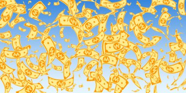 Korece notlar düşüyor. Mavi gökyüzü arka planında rastgele WON faturaları. Kore parası. Harika bir vektör çizimi. Büyük ikramiye, servet ya da başarı konsepti..