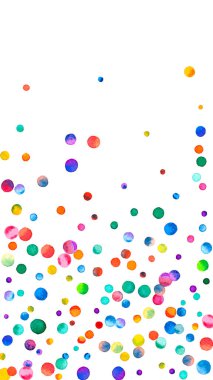 Beyaz arka planda suluboya konfeti. Canlı gökkuşağı renkli noktalar. Mutlu kutlamalar yüksek renkli parlak kart. Moda el boyaması konfeti.