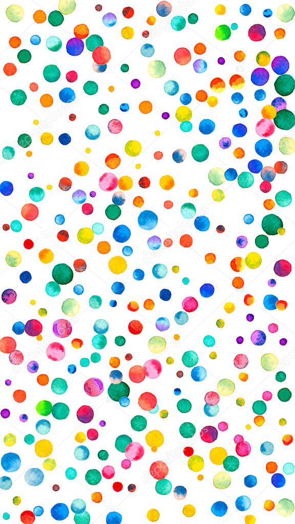 Watercolor confetti on white background. Alluring rainbow colored dots. Happy celebration high colorful bright card. Radiant hand painted confetti.