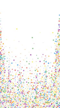 Muhteşem şenlik konfetileri. Kutlama yıldızları. Beyaz arka planda parlak gökkuşağı yıldızları. Büyüleyici şablon şablonu. Dikey vektör arkaplanı.