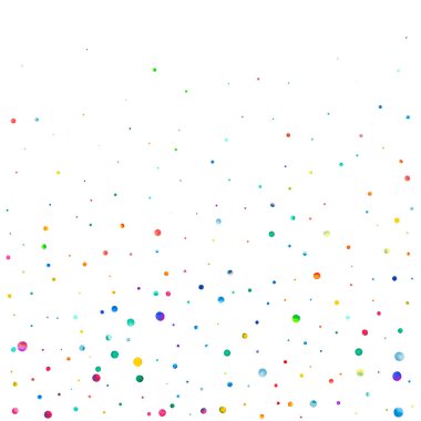 Beyaz arka planda suluboya konfeti. Takdire şayan gökkuşağı renkli noktalar. Mutlu kare renkli parlak kartlar. Moda el boyaması konfeti.