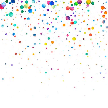 Beyaz arka planda suluboya konfeti. Takdire şayan gökkuşağı renkli noktalar. Mutlu kare renkli parlak kartlar. Nefis bir el boyaması konfeti.