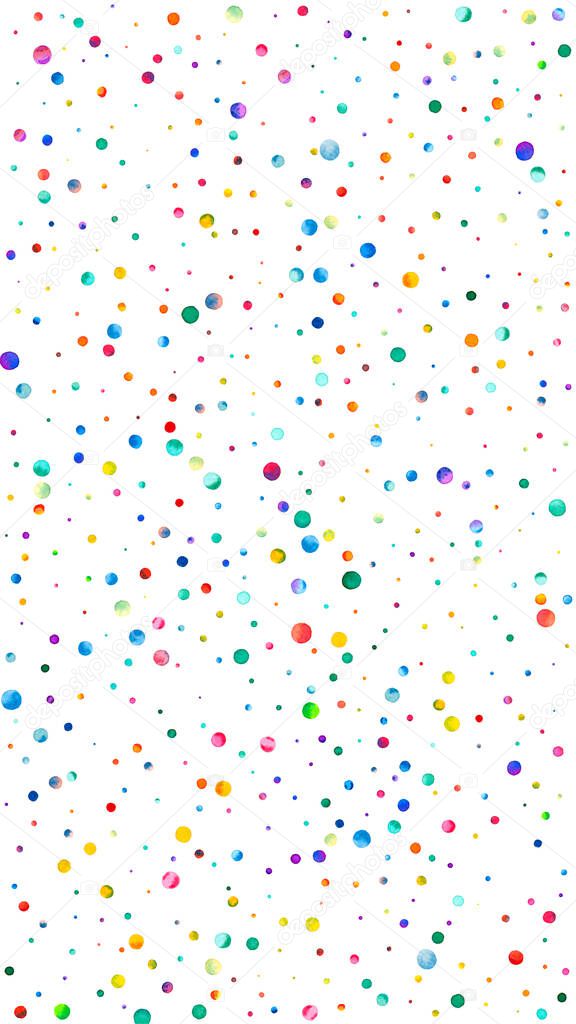 Watercolor confetti on white background. Alluring rainbow colored dots. Happy celebration high colorful bright card. Ravishing hand painted confetti.