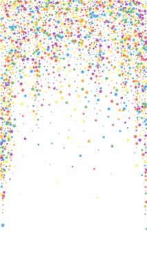 Şenlikli modern konfeti. Kutlama yıldızları. Beyaz arka planda parlak gökkuşağı yıldızları. Büyüleyici şablon şablonu. Dikey vektör arkaplanı.