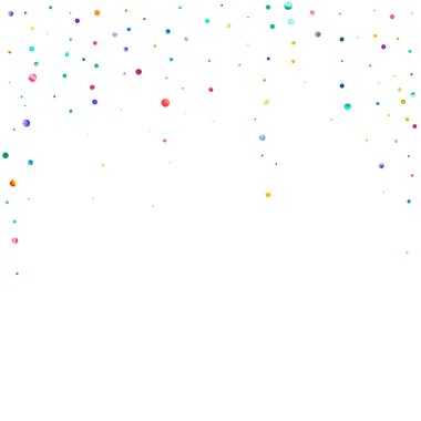 Beyaz arka planda suluboya konfeti. Gerçek gökkuşağı renkli noktalar. Mutlu kare renkli parlak kartlar. Kusursuz elle boyanmış konfeti..