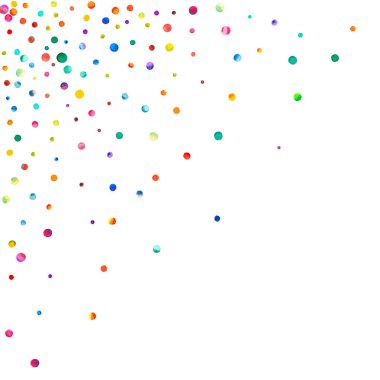 Beyaz arka planda suluboya konfeti. Gerçek gökkuşağı renkli noktalar. Mutlu kare renkli parlak kartlar. Dramatik el boyaması konfeti..