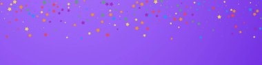 Şenlikli, göz kamaştırıcı konfeti. Kutlama yıldızları. Menekşe arka planda neşeli yıldızlar. Şablon şablonu cezbediliyor. Panoramik vektör arkaplanı.