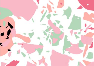 Terrazzo modern soyut şablon. Klasik İtalyan döşemesinin pembe ve yeşil dokusu. Taşlardan, granitten, kuvarstan, mermerden, betondan yapılmış arka plan. Venedik terrazzo trend vektör arkaplanı