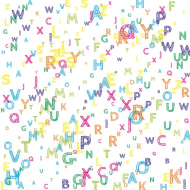 İngilizce 'nin harfleri düşüyor. Latin alfabesinin parlak el çizimleri. Yabancı diller öğrenim kavramı. Beyaz arkaplanda okul afişi.