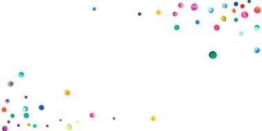 Beyaz arka planda suluboya konfeti. Sevimli gökkuşağı renkli noktalar. Rengarenk parlak kartın kutlu olsun. Harika bir el boyaması konfeti.