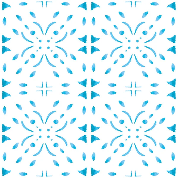 Azulejo水彩シームレスパターン 伝統的なポルトガルのセラミックタイル 手描きの抽象的な背景 テキスタイル プリント 水着デザインのための水彩アートワーク ブルーアズレージョ柄 — ストック写真
