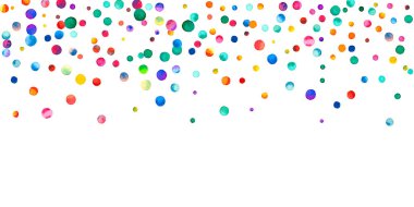 Beyaz arka planda suluboya konfeti. Çekici gökkuşağı renkli noktalar. Rengarenk parlak kartın kutlu olsun. Manyetik el boyalı konfeti..