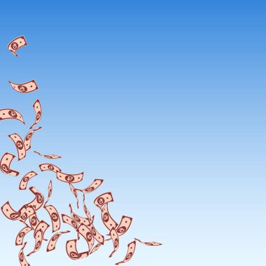 Rus rublesi düşüyor. Mavi gökyüzü arka planında az miktarda masaj faturası. Rusya parası. Büyüleyici vektör çizimi. Büyük ikramiye, servet ya da başarı konsepti.