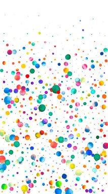 Beyaz arka planda suluboya konfeti. Çekici gökkuşağı renkli noktalar. Mutlu kutlamalar yüksek renkli parlak kart. Büyüleyici bir el boyaması konfeti.