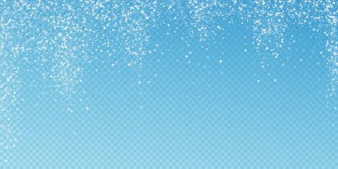 Muhteşem düşen yıldızlar Noel arkaplanı. İnce uçan kar taneleri ve şeffaf mavi arka plandaki yıldızlar. Takdire şayan kış gümüşü kar tanesi şablonu örtüyor. Akıllara durgunluk veren vektör çizimi.
