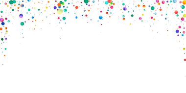 Beyaz arka planda suluboya konfeti. Çekici gökkuşağı renkli noktalar. Rengarenk parlak kartın kutlu olsun. Dramatik el boyaması konfeti..