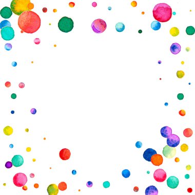 Beyaz arka planda suluboya konfeti. Sevimli gökkuşağı renkli noktalar. Mutlu kare renkli parlak kartlar. Kusursuz el boyaması konfeti.