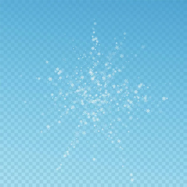 Красивый Снегопад Рождество Тонкие Летящие Снежинки Звезды Голубом Прозрачном Фоне — стоковый вектор