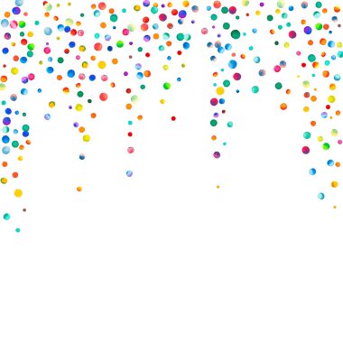 Beyaz arka planda suluboya konfeti. Gerçek gökkuşağı renkli noktalar. Mutlu kare renkli parlak kartlar. Etkileyici bir el boyaması konfeti..