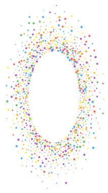 Şenlikli, şaşırtıcı konfeti. Kutlama yıldızları. Beyaz arka planda parlak gökkuşağı yıldızları. Şablon şablonu getiriliyor. Dikey vektör arkaplanı.