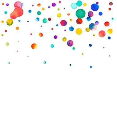 Beyaz arka planda suluboya konfeti. Takdire şayan gökkuşağı renkli noktalar. Mutlu kare renkli parlak kartlar. Şaşırtıcı bir el boyaması konfeti.