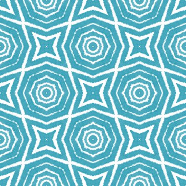 Dokulu çizgili desen. Turkuaz simetrik kaleydoskop arka planı. Tekstil hazır baskı, mayo kumaş, duvar kağıdı, ambalaj. Moda desenli çizgiler tasarımı.