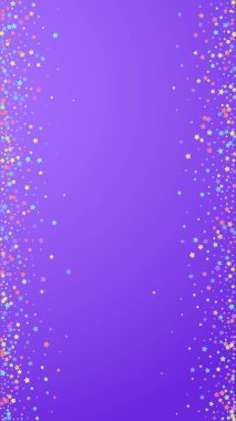 Büyüleyici bir konfeti. Kutlama yıldızları. Menekşe arka planda renkli yıldızlar. Güzel bir şablon. Dikey vektör arkaplanı.