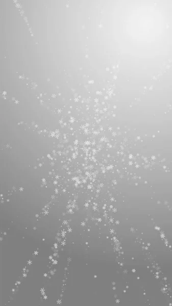 Vacker Snöfall Jul Bakgrund Subtila Flygande Snöflingor Och Stjärnor Grå — Stock vektor