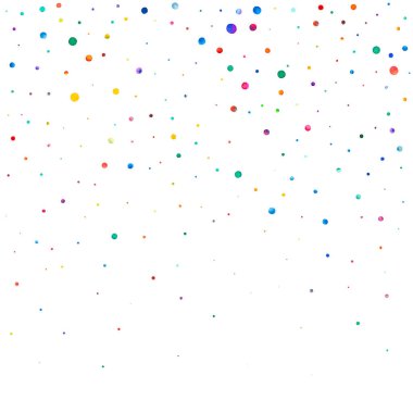 Beyaz arka planda suluboya konfeti. Sevimli gökkuşağı renkli noktalar. Mutlu kare renkli parlak kartlar. Nefes kesici el boyaması konfeti..