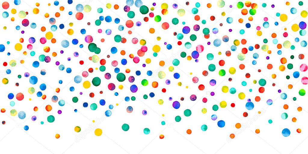Watercolor confetti on white background. Alive rainbow colored dots. Happy celebration wide colorful bright card. Captivating hand painted confetti.