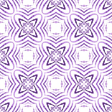 Etnik elle boyanmış desen. Mor eşsiz boho şık yaz tasarımı. Suluboya yaz etnik sınır düzeni. Tekstil hazır süslü baskı, mayo kumaş, duvar kağıdı, ambalaj..