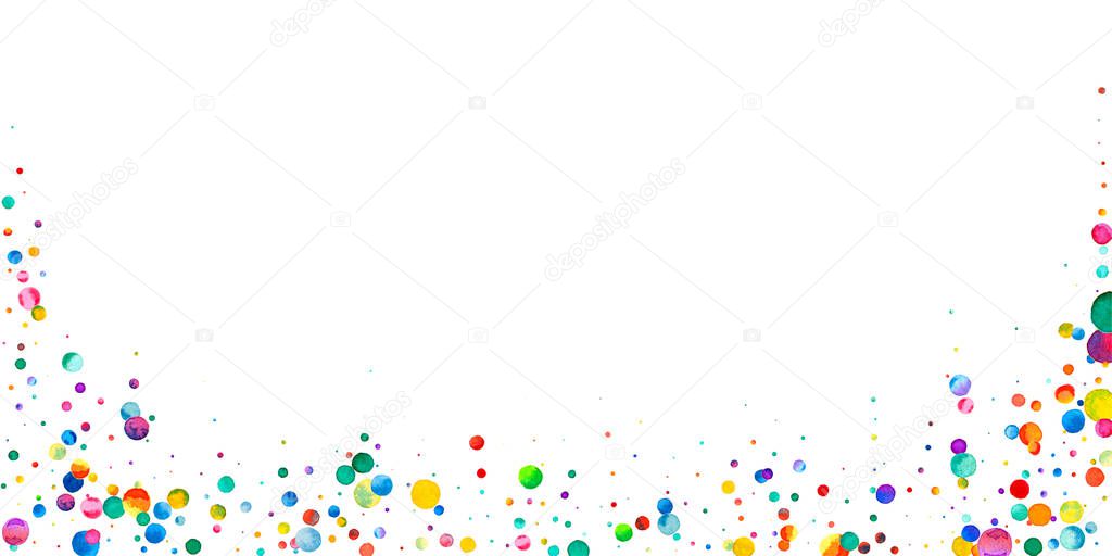 Watercolor confetti on white background. Adorable rainbow colored dots. Happy celebration wide colorful bright card. Good-looking hand painted confetti.