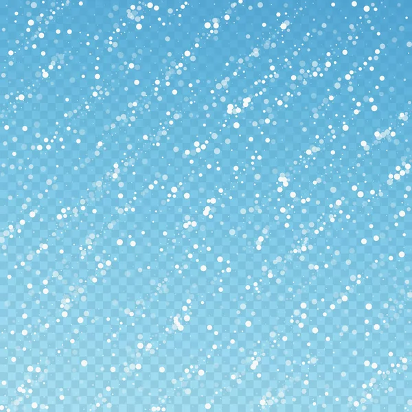 ランダムな白い点クリスマスの背景 青い透明な背景の上に小さな飛行雪のフレークと星 生きている冬の銀雪の結晶オーバーレイテンプレート 芸術ベクトル図 — ストックベクタ