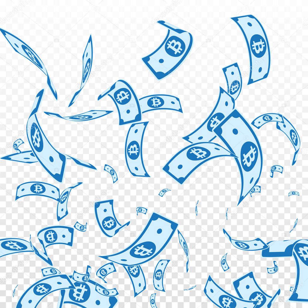 Bitcoin, internet currency notes falling. Random BTC bills on transparent background. Cryptocurrency, digital money. Actual vector illustration. Ravishing jackpot, wealth or success concept.