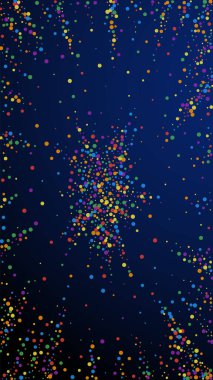 Şenlikli hipnoz konfetisi. Kutlama yıldızları. Koyu mavi arka planda gökkuşağı konfetisi. Kusursuz şablon şablonu. Dikey vektör arkaplanı.