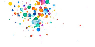 Beyaz arka planda suluboya konfeti. Canlı gökkuşağı renkli noktalar. Rengarenk parlak kartın kutlu olsun. Olağanüstü bir el boyaması konfeti.