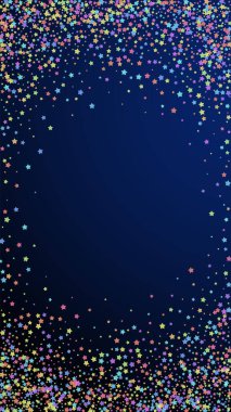 Şenlikli şirin konfeti. Kutlama yıldızları. Koyu mavi arka planda yoğun renkli yıldızlar. Şablon şablonu getiriliyor. Dikey vektör arkaplanı.