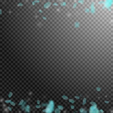 Turkuaz çiçek yaprakları dökülüyor. Romantik çiçeklerin sınırlarını belirlemek. Şeffaf kare arka planda uçan taç yaprakları. Aşk, romantizm kavramı. Gerçek düğün davetiyesi.